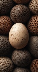 A light beige egg amidst a cluster of textured, brown eggs