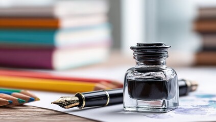 Inkwell, pen, and colorful stationery on a desk