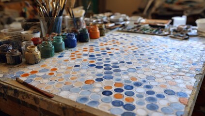Artist's studio table with colorful mosaic