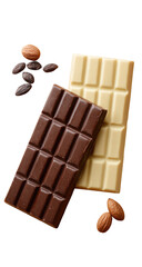 Fototapeta premium Two chocolate bars, dark and white, with almonds and cocoa nibs