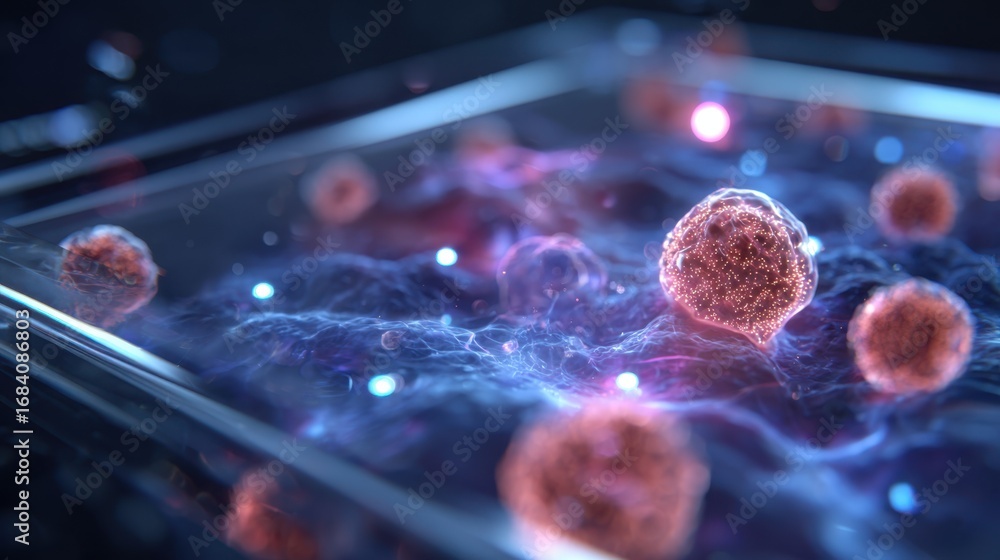 Poster medium shot of a digital 3d model of youthful skin cells on a holographic display focusing on cell r