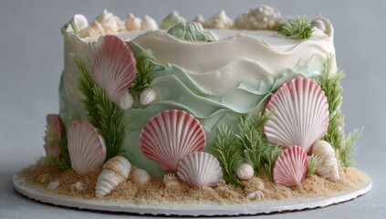 A beautifully decorated round cake, featuring a coastal theme.  Delicate seashells, various pastel colors, and faux greenery adorn the light-colored frosting. 