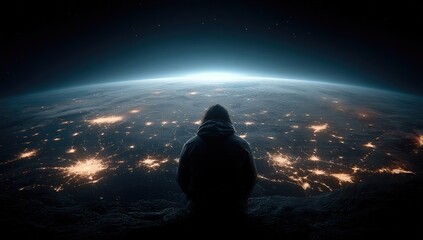 Fototapeta premium A solitary figure gazes at Earth from space, bathed in a sunrise. 