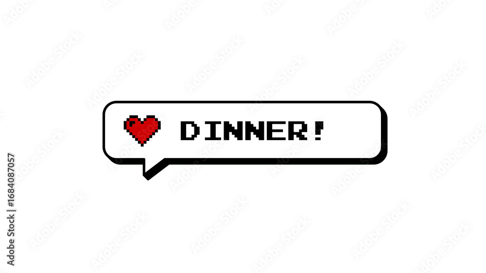 Aufkleber dinner word in a comment balloon with a heart icon. neubrutalism style design in 8-bit pixel art for