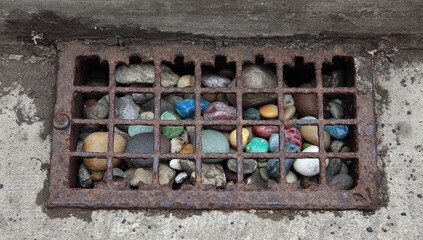 Rusty metal grate filled with colorful stones