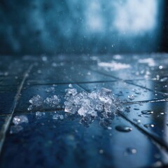 Ice shards scattered on wet, dark tiles.  Foggy, rainy backdrop