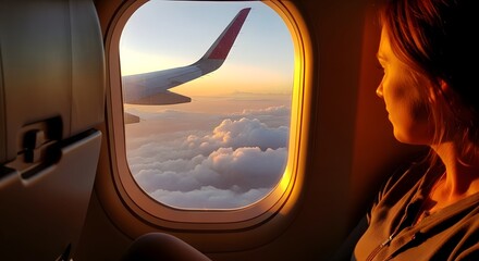Window Seat Solitude: A person gazes out the window of an aircraft at the serene sunset sky with wing view. A moment of travel and introspection.