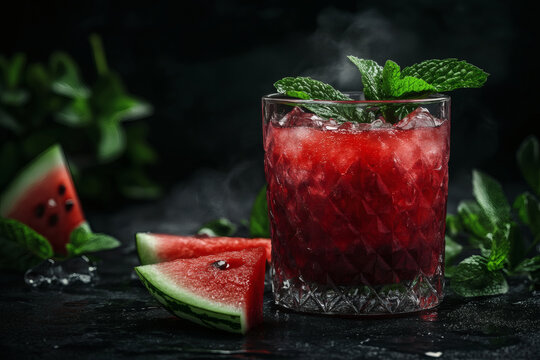 Mint and watermelon elixir in vintage glass with fresh leaves