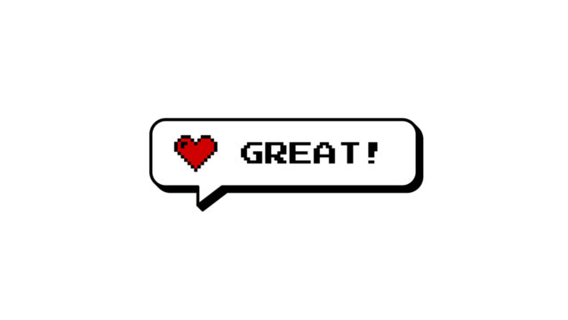 Great comment balloon in 8-bit pixel art style. Neubrutalism design with a red heart icon. Retro gaming message pop-up with alpha channel for transparent background overlay. Isolated graphic element.