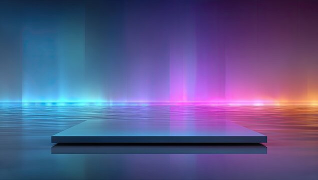 Abstract, vibrant neon lights reflecting on a dark, rectangular platform on a water surface