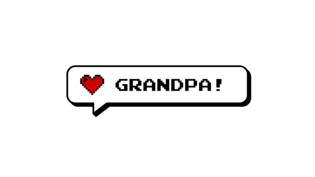 Grandpa! comment balloon with a heart in neubrutalism style. 8-bit pixel art graphic element for games or social media. Retro gaming sticker or badge on a transparent background for overlay.