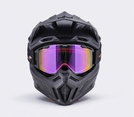 Black motocross helmet with tinted goggles