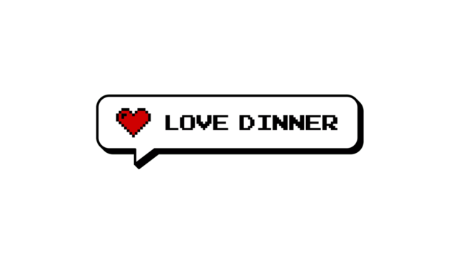 Love Dinner text in a comment balloon badge. Retro 8-bits pixel art graphic element in a neubrutalism style. Isolated image on a transparent background, perfect for video overlays. Art.
