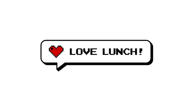 Love Lunch text with heart icon in a comment balloon. 8-bit pixel art graphic element with neubrutalism style. Retro video game chat bubble design, isolated on a transparent background. - Powered by Adobe