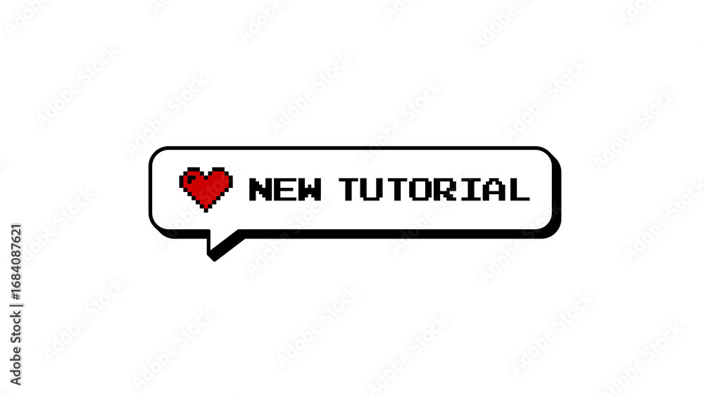 Poster new tutorial text on a comment balloon in a neubrutalism style. 8-bits pixel art graphic element wit