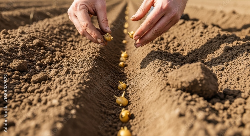 Poster medium shot of hands sowing potato seeds into a neatly prepared furrow highlighting precision and so
