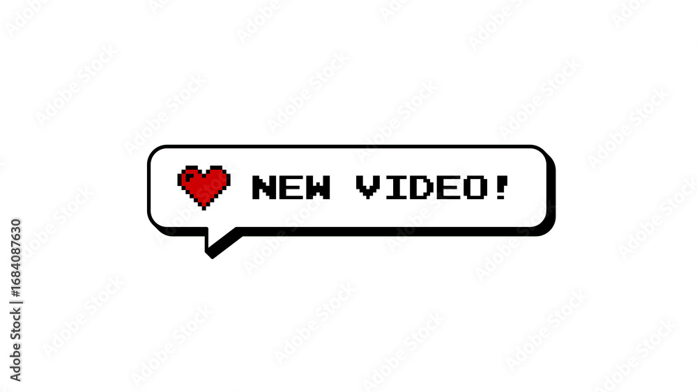 Poster new video! neubrutalism comment balloon with a heart icon, designed in an 8-bits pixel art style. th