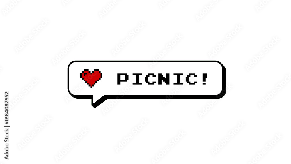 Fototapete picnic! text in a neubrutalism style comment balloon. 8-bits pixel art graphic element with a heart 