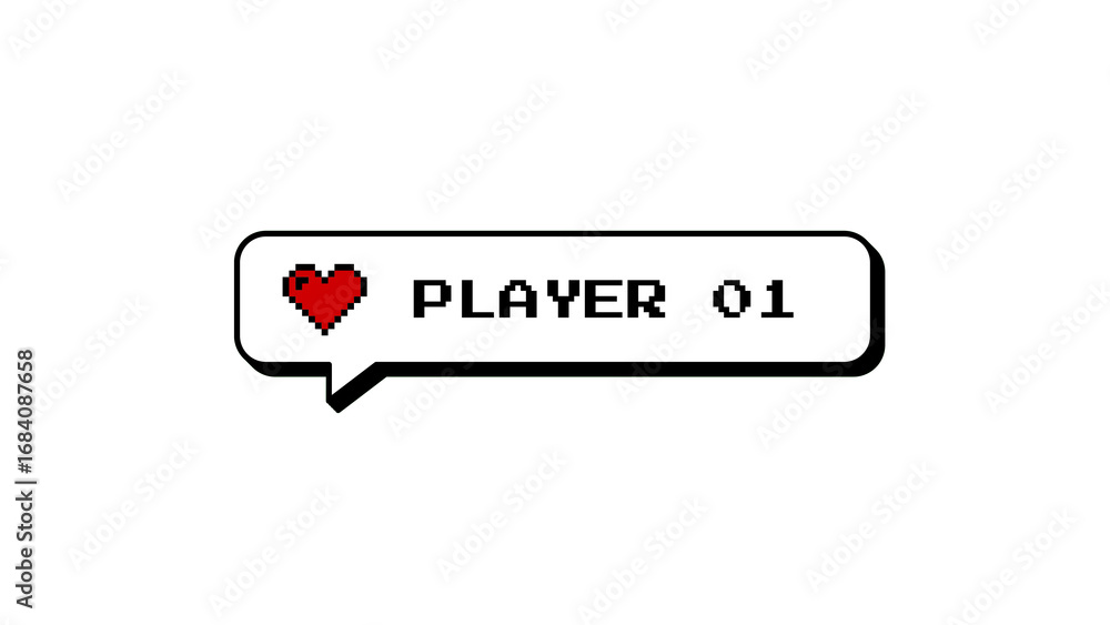 Poster player 01 text in a comment balloon with a heart icon. retro 8-bit pixel art in a neubrutalism style
