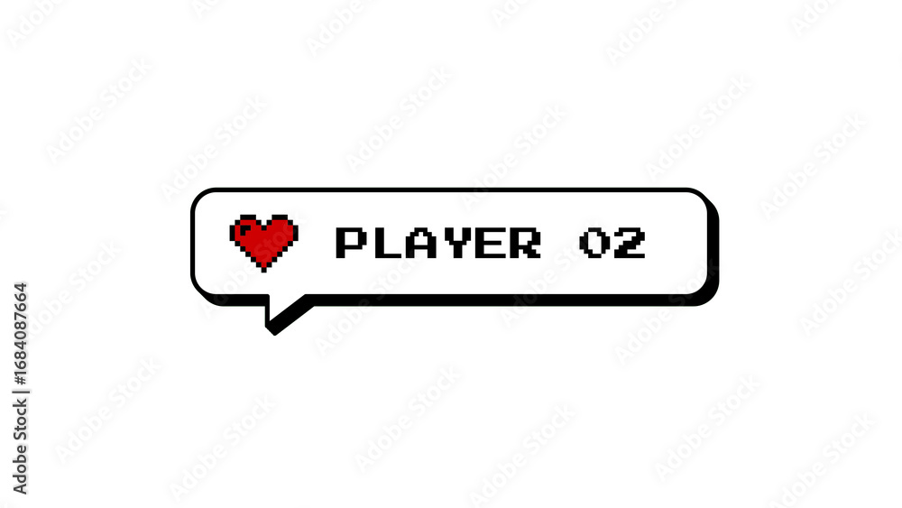 Poster player 02 comment balloon with heart icon in 8-bits pixel art style. neubrutalism design element for