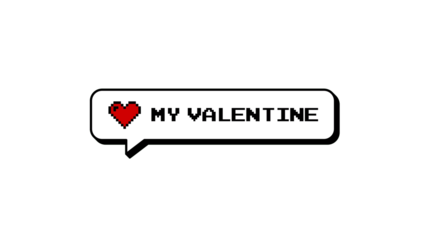 My Valentine text with a red heart in an 8-bits pixel art style comment balloon. Neubrutalism design element, sticker, badge, or overlay on a transparent background for digital projects.