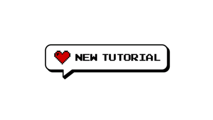 New Tutorial text on a comment balloon in a neubrutalism style. 8-bits pixel art graphic element with a heart icon. Retro gaming sticker for social media, isolated on a transparent background.
