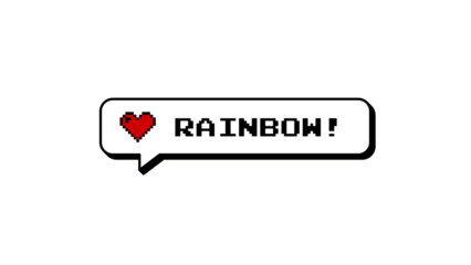 Rainbow! text in a neubrutalism style comment balloon. 8-bits pixel art design with a red heart. Retro gaming speech bubble element on a transparent background for easy overlay use.