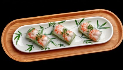 Three spring rolls, filled with shrimp, arranged on a light-colored plate with a bamboo pattern