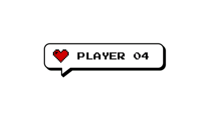 Player 04 text with heart icon in a neubrutalism style comment balloon. 8-bits pixel art design element for gaming or social media. Isolated illustration on a transparent background for overlay.