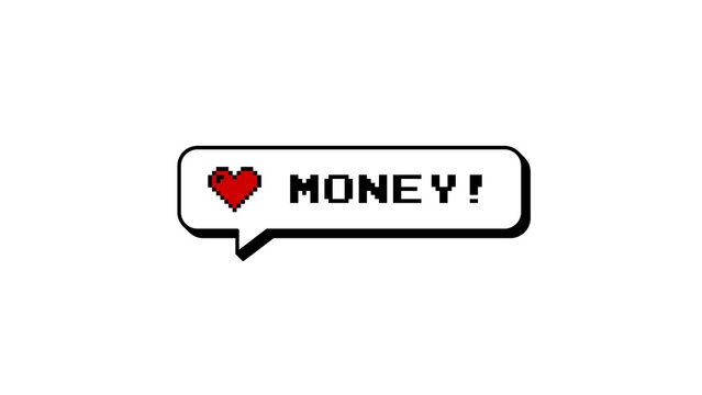 Money! text with a red heart in an 8-bit pixel art style. Neubrutalism design comment balloon, graphic element badge for games or social media. Isolated on a transparent background for easy overlay.