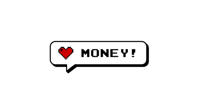 Money! text with a red heart in an 8-bit pixel art style. Neubrutalism design comment balloon, graphic element badge for games or social media. Isolated on a transparent background for easy overlay.
