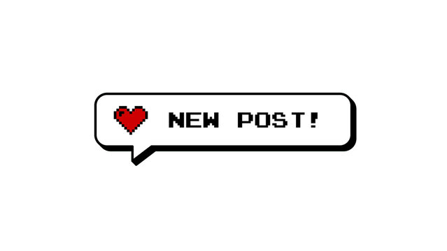 New Post! comment balloon in a neubrutalism 8-bits pixel art style. Retro gaming notification badge with a heart icon for social media overlay. Graphic element on a transparent background.