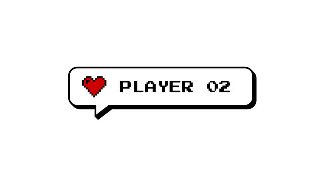 Player 02 comment balloon with heart icon in 8-bits pixel art style. Neubrutalism design element for gaming or social media. Graphic badge overlay with transparent background for easy use.
