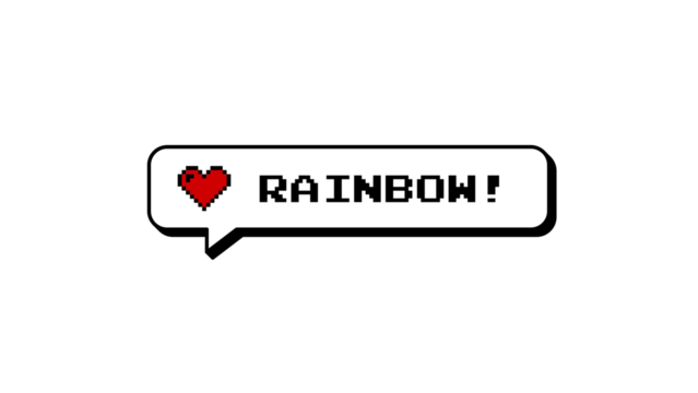Rainbow! text in a neubrutalism style comment balloon. 8-bits pixel art design with a red heart. Retro gaming speech bubble element on a transparent background for easy overlay use.