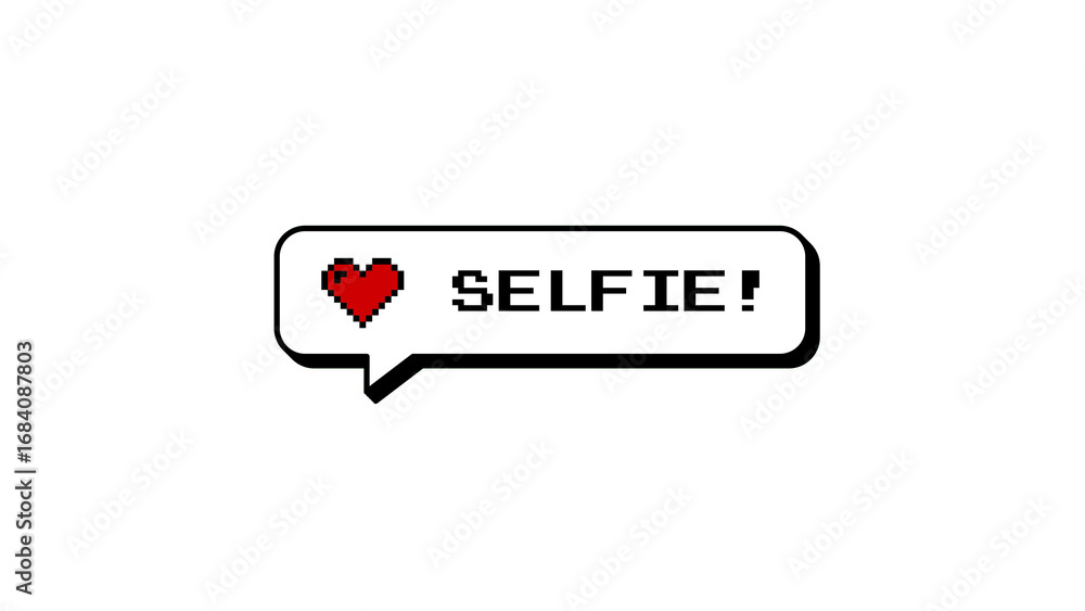 Aufkleber selfie! comment balloon in neubrutalism style. 8-bit pixel art retro game design with heart icon. sp