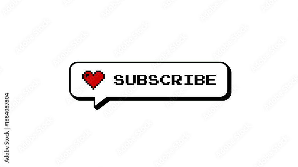 Aufkleber subscribe comment balloon with a heart icon in a neubrutalism, 8-bit pixel art style. retro gaming n