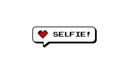 SELFIE! comment balloon in neubrutalism style. 8-bit pixel art retro game design with heart icon. Speech bubble for social media or chat. Isolated graphic element with transparent background.