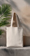 Cream-colored canvas tote bag sits on a light beige surface, next to a palm leaf