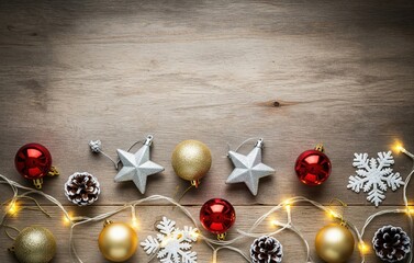 Festive Christmas holiday background with glowing lights and decorations on a rustic wood surface