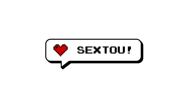 Neubrutalism style 8-bits pixel art comment balloon with the word Sextou, a Portuguese slang for It's Friday. Retro video game chat bubble badge with red heart, isolated on transparent background.