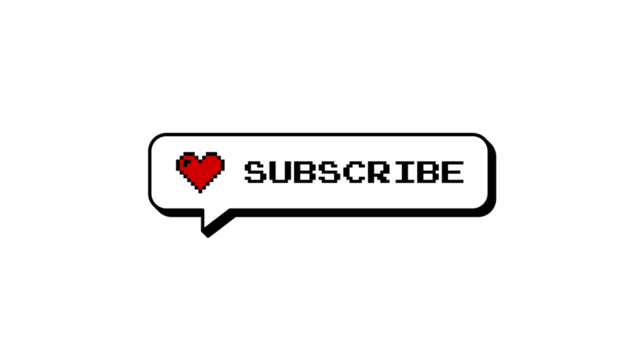 Subscribe comment balloon with a heart icon in a neubrutalism, 8-bit pixel art style. Retro gaming notification badge for social media. Isolated element on a transparent background for easy overlay.