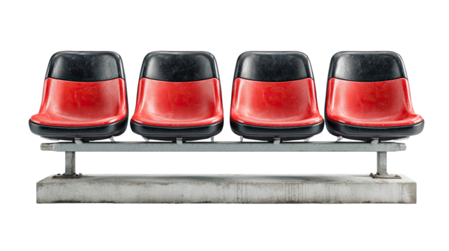 Four red stadium seats on a gray metal bench, mounted on a concrete base.  The seats are weathered, showing slight dirt and wear