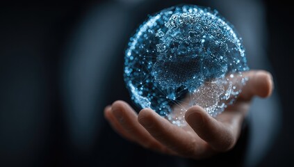 A hand holds a digital globe, showcasing interconnected data points
