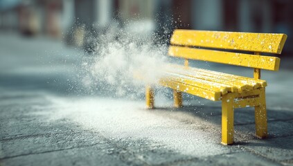 A small, bright yellow park bench, dusted with snow, sits on a gray pavement.  A burst of white powder appears to be erupting from around the bench