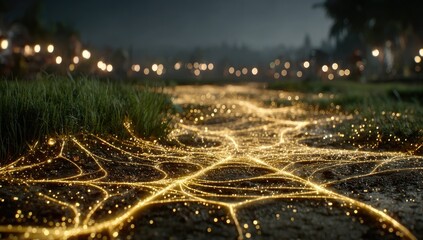Golden pathway through grassy field at night