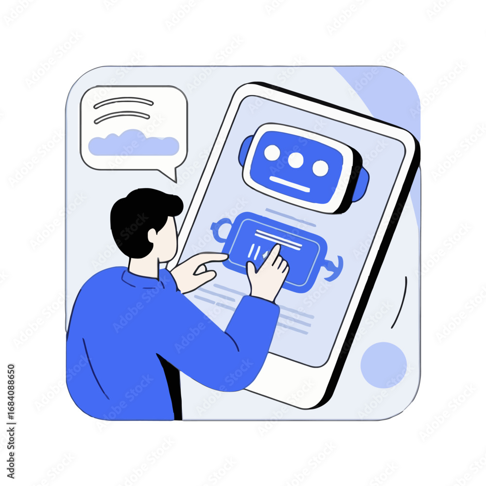 Poster vector art of person interacting with a chatbot on a smartphone, illustrating artificial intelligenc
