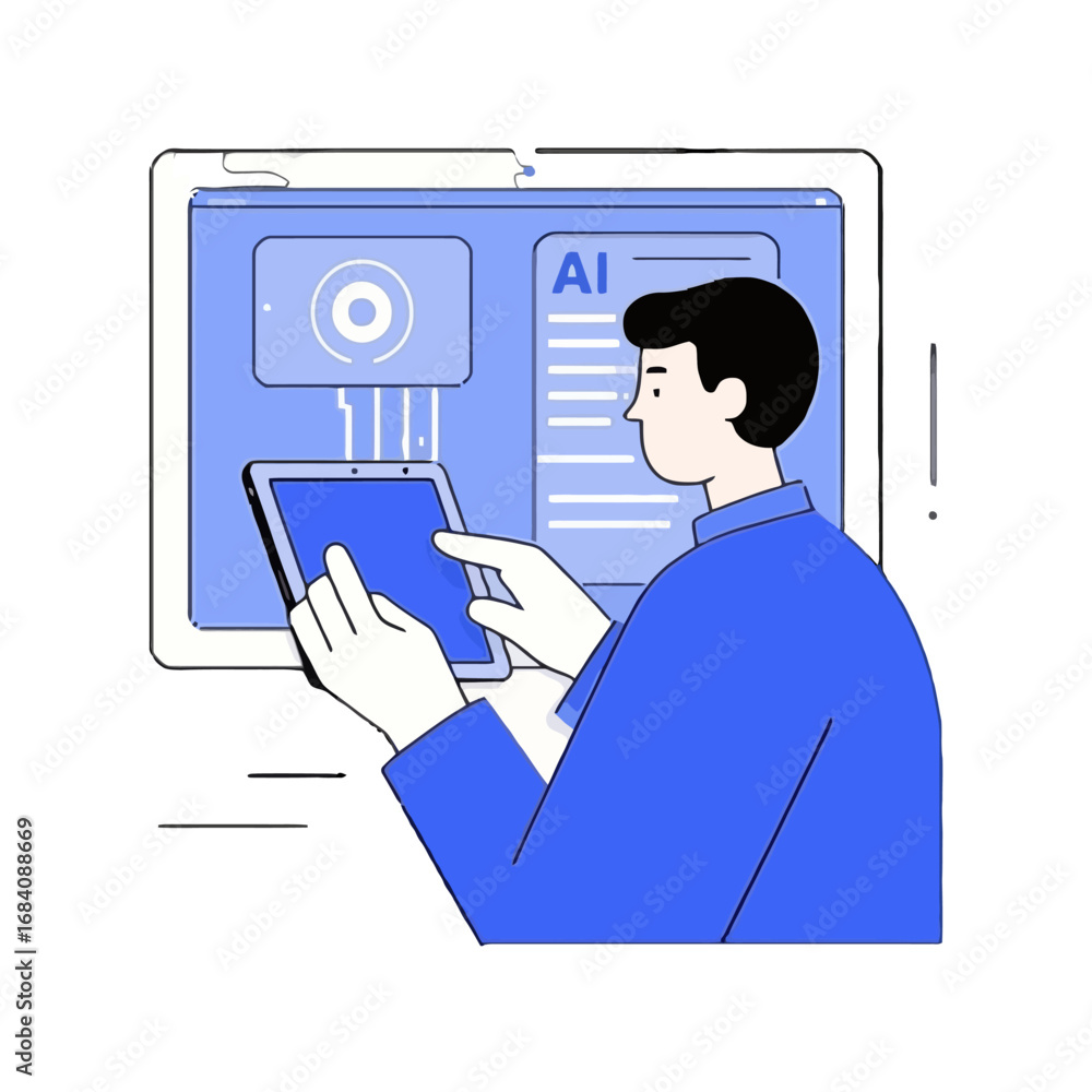 Fototapete vector art of man interacting with a tablet and a large screen displaying ai interface and data, rep