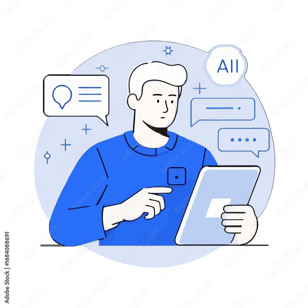 Aufkleber vector art of man using tablet with chat bubbles and notification icons, representing communication 