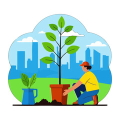 Fototapeta premium Vector art of person planting a tree in a pot in front of a city skyline, symbolizing environmental care and urban greening efforts