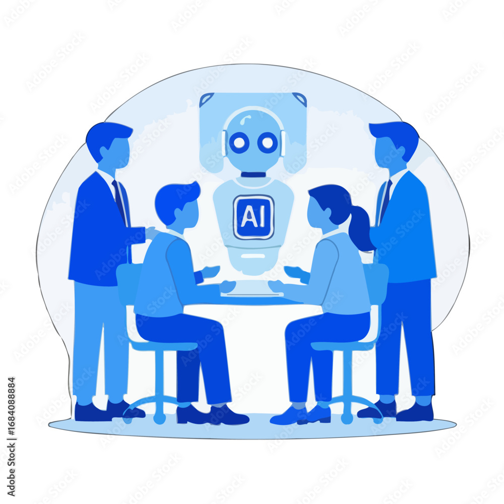 Aufkleber vector art of team of professionals collaborating around a futuristic ai robot, discussing technolog